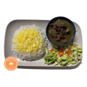 ghormehsabzi with rice and salad